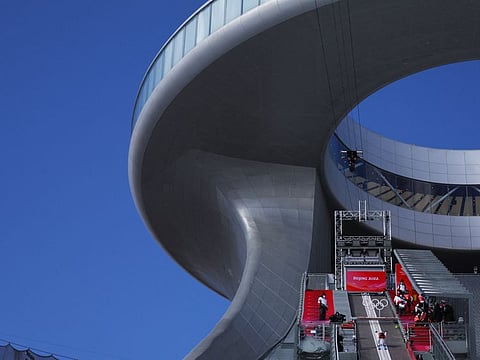 Anna Hoffmann of the United States (airbone) in action at the iconic National Ski Jumping Centre on Friday.