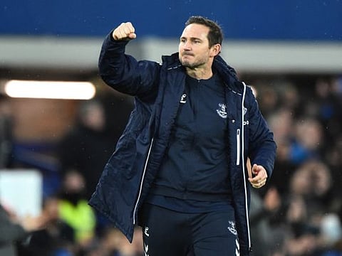Good start... Everton's new manager Frank Lampard celebrates at the final whistle following a 4-1 win over Brentford in the FA Cup at Goodison Park.