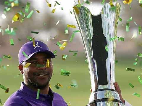Harold Varner celebrates his win in Saudi Arabia 12 months ago