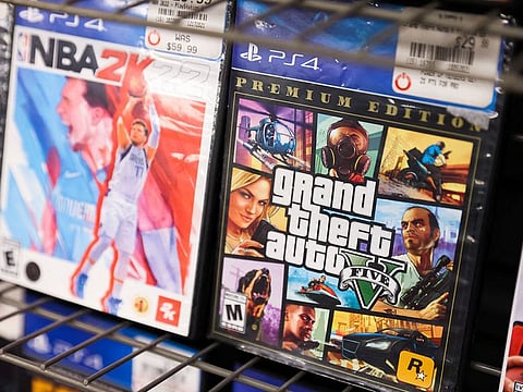 NBA 2K22 and Grand Theft Auto 5 by Take-Two Interactive Software Inc are seen for sale in a store in Manhattan, New York City.
