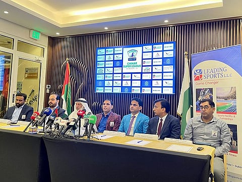 Zubair Macha (from L-R), Nawaz Khan Jadoon, Raja Mohammed Khan, Raja Asad Khalid, Sardar Sajid Abbasi, Iftikhar Hamdani and Fahid Shahid during a press conference in Dubai on Monday to announce dates of popular community cricket cup-- Chinar Super League in the UAE.