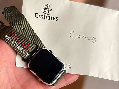 Emirates finds custom-made Apple watch forgotten in Dubai Airport, delivers it to owner its Vlogger Casey Own Neistat in US.