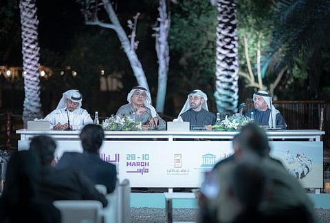 Dr Abdulaziz Al Musallam, along with Khalid Jassim Al Midfa, Rashid Abdullah Al Obaid and Abu Bakr Al Kindi during the press conference.