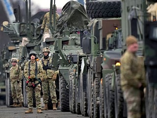 Soldiers of the 2nd Cavalry Regiment line up vehicles at the military airfield in Vilseck, Germany as they prepare for their deployment to Romania in support NATO allies and demonstrate US commitment to NATO Article V. File photo taken on February 9, 2022.