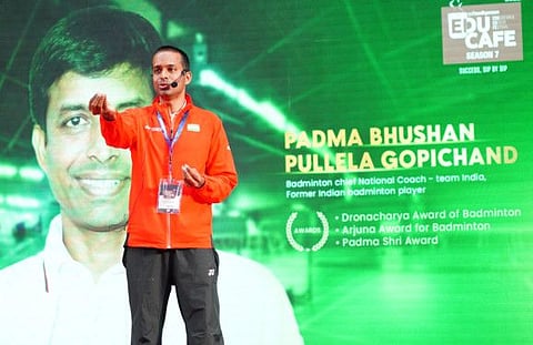 Pullela Gopichand, India's national badminton coach, addresses the audience after releasing his autobiography Shuttler’s Flick at the seventh edition of the Educafe in Dubai. 