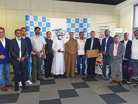 Abdul Hamid Ahmad-Gulf News CEO and Editor-in-Chief,  Potru Raju-Gulf News Director for Circulation Sales and Distribution, Sanjay Thusu- Administration Manager, Mubarak Talvaskar- Senior Account Group Manager, Jetendra Adnani- District Manager, Subramanian Yadav- District Manager, Gulf News, Shariar Pavel-Chief Experience Officer, Huawei, Sukhpreet Singh, Business Head - Huawei Ads, William Hu, Solution Sales Head of Huawei with the winners of Gulf News Subscription Promotion first monthly draw Mohammed Forkan, Gavin Wehlburg, Somaroy Gabbita and Vivek Sahu.  