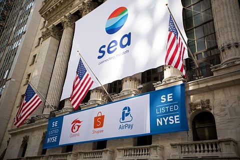 Sea signage is displayed in front of the New York Stock Exchange during the company's initial public offering in New York on October 20, 2017. Sea, a consumer internet firm in which Chinese gaming giant Tencent holds an 18.7% stake, said on Tuesday it complies with Indian laws and does not transfer or store any data of the country’s users in China.