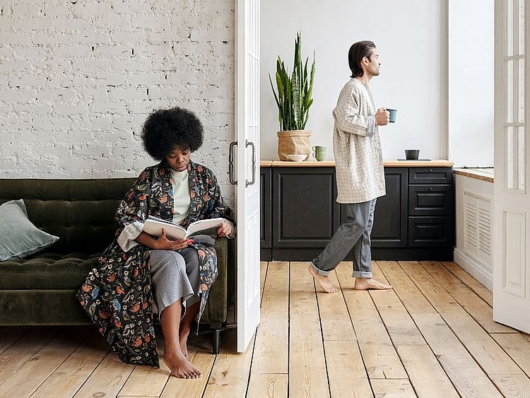 couple at home stock