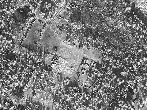 A satellite image shows troops and equipment at Brestsky training area in Brest, Belarus, February 16, 2022.  