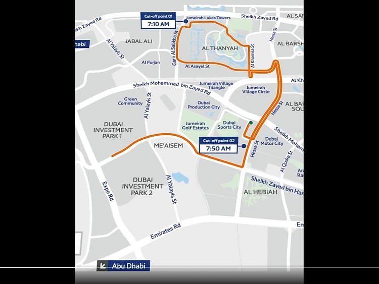 Screenshot of RTA video showing road closures in Dubai on Saturday