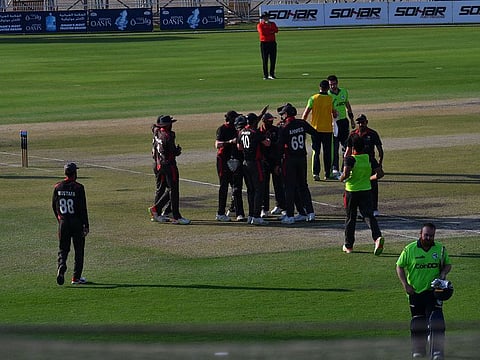 UAE players celebrating their victory over Ireland in the Twenty20 World Cup opener against Ireland at Al Amerat in Oman on Friday.