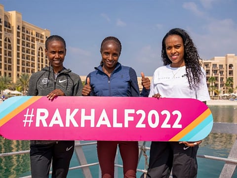 (Fromt left to right) Ababel Yeshaneh, Hellen Obiri and Genzebe Dibaba will be competing at the Ras Al Khaimah Half Marathon tomorrow.