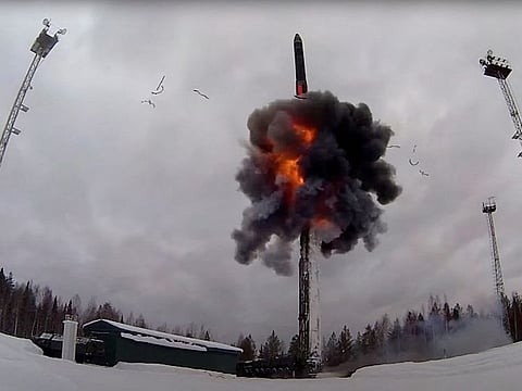  A Russian Yars intercontinental ballistic missile is launched during the exercises by nuclear forces in an unknown location in Russia, in this still image taken from video released February 19, 2022.