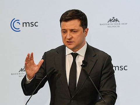 Ukrainian President Volodymyr Zelensky speaks at the Munich Security Conference (MSC) in Munich, southern Germany.