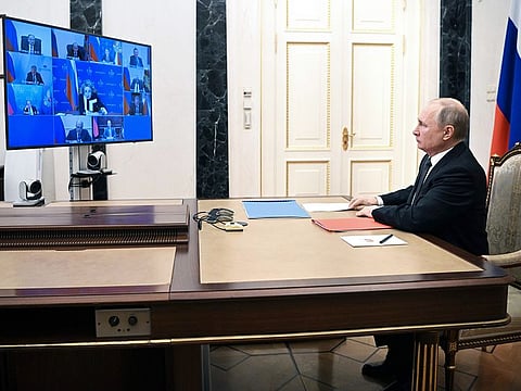 Russian President Vladimir Putin chairs a Security Council meeting via video conference at the Novo-Ogaryovo residence outside Moscow, on  February 18, 2022.  