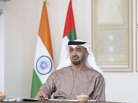 Sheikh Mohammed bin Zayed Al Nahyan, Crown Prince of Abu Dhabi and Deputy Supreme Commander of the UAE Armed Forces at a virtual summit with Indian Prime Minister Narendra Modi.