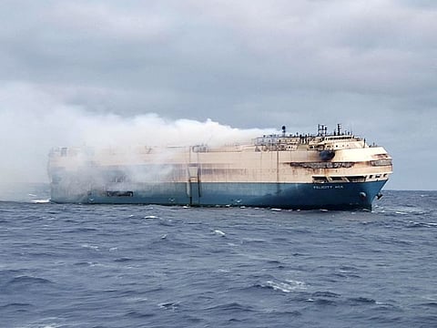 The ship, Felicity Ace, burns more than 100 km from the Azores islands, Portugal, February 18, 2022. 