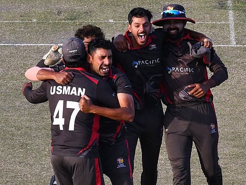 The UAE celebrate the semi-final win over Nepal