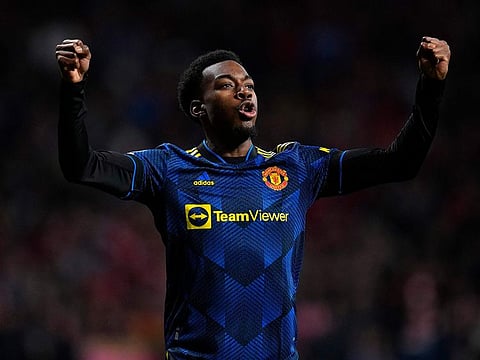 Manchester United's Anthony Elanga celebrates.