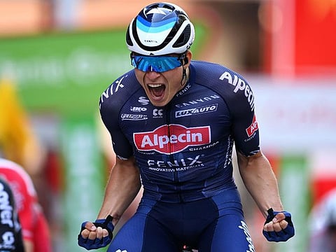 Jasper Philipsen is all pumped up after winning the fifth stage in UAE Tour on Thursday.