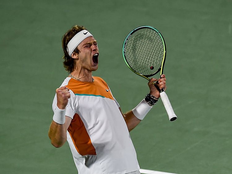 Andrey Rublev celebrates his semi-final win over Hubert Hurkacz at the Dubai Duty Free Tennis Championships. 