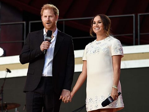 Prince Harry, the Duke of Sussex, and Meghan, the Duchess of Sussex, speak at Global Citizen Live in Central Park on Saturday, September 25, 2021, in New York.