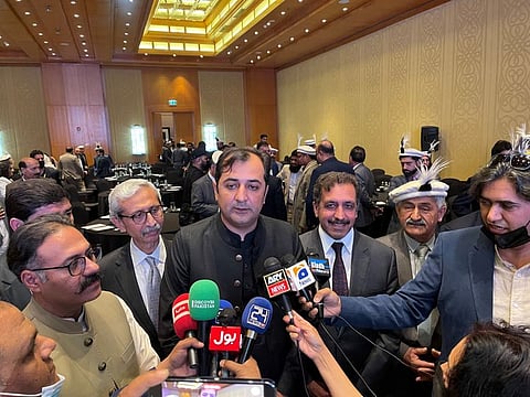 Khalid Khurshid Khan, Chief Minister of Gilgit Baltistan (third from left); Ambassador Afzaal Mahmood and Nasruddin Rupani talking to media at the GB Investment Conference as part of Expo 2020 in Dubai.