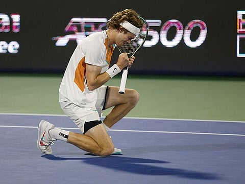 Andrey Rublev celebrates his win over Jiri Vesely 