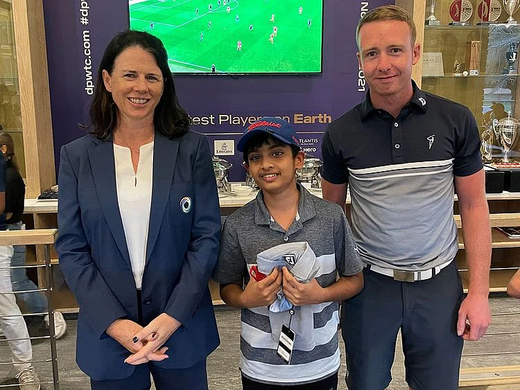 JGE captain Sheila McIlroy, Veer Reddy and Peter Cowen Academy pro Diarmaid Fraser 