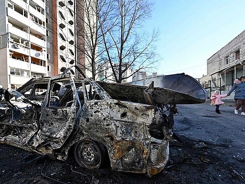 A view of a car that was destroyed by recent shelling in Kyiv outskirts on February 28, 2022. 