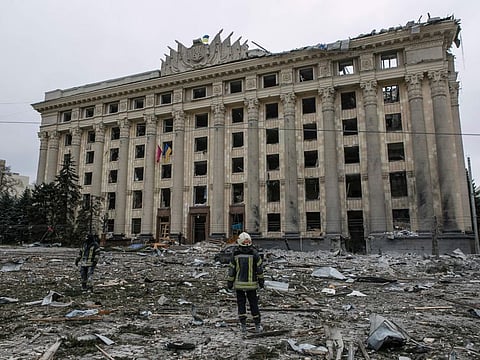 A view of the central square following shelling of the City Hall building in Kharkiv, Ukraine, Tuesday, March 1, 2022.