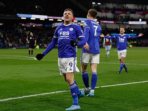 Back in the hunt: Leicester City's Jamie Vardy celebrates scoring their second goal against Burnley on Tuesday night.