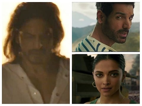 Shah Rukh Khan, John Abraham and Deepika Padukone in screengrabs from 'Pathaan' teaser.
