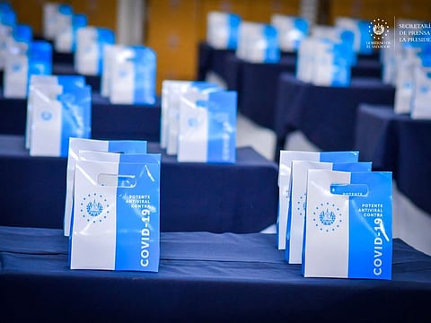 Bags containing COVID-19 treatment kits are set for a news conference to announce the use of Molnupiravir, an antiviral medication that specially approved as a medicine for internal use against COVID-19 in Nuevo Cuscatlan, El Salvador.