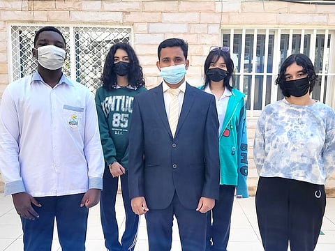 Students of Dubai Carmel School Nicolas, Lara, Maryam, Jana with Jolly P Joy, IT HOD &Innovation Coordinator