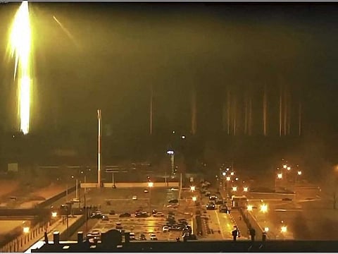 This screen grab taken on March 4, 2022 from a footage of the Zaporizhzhia nuclear authority shows a wide view of the Ukrainian nuclear plant during attack with shell fire by Russian forces. 