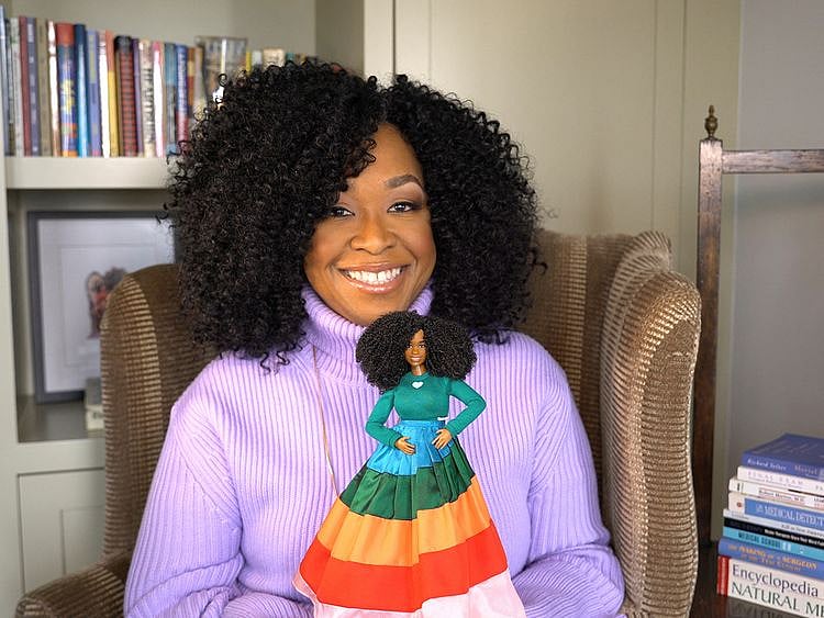 Television producer Shonda Rhimes holds a Barbie doll made in her likeness, as Mattel announces Barbie 2022 Role Models ahead of International Women's Day on March 8, New York, U.S. in this undated handout picture obtained by Reuters March 4, 2022.