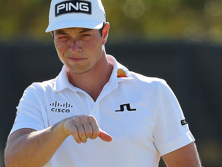 Viktor Hovland lines up a birdie putt during the second round of the Arnold Palmer Invitational 