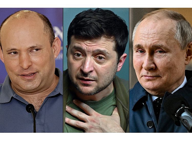 Israeli Prime Minister Naftali Bennett (left), Ukrainian President Volodymyr Zelensky and Russian President Vladimir Putin in file photos.