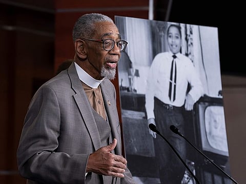Senator Bobby Rush speaks during a news conference about the "Emmett Till Anti-Lynching Act" on Capitol Hill in Washington, on February 26, 2020. Emmett Till, pictured at right, was a 14-year-old African-American who was lynched in Mississippi in 1955, after being accused of offending a white woman in her family's grocery store. Congress has given final approval to legislation that for the first time would make lynching a federal hate crime in the US. 