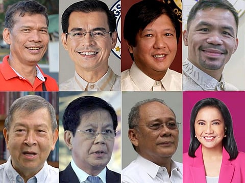 Presidential contenders: (Clockwise from top left) Leody de Guzman, Francis "Isko" Moreno, Ferdinand "Bongbong" R. Marcos Jr., Manny Pacquiao, Maria Leonor "Leni" Robredo, Ernesto Abella, Panfilo "Ping" Lacson, and Norberto Gonzales.