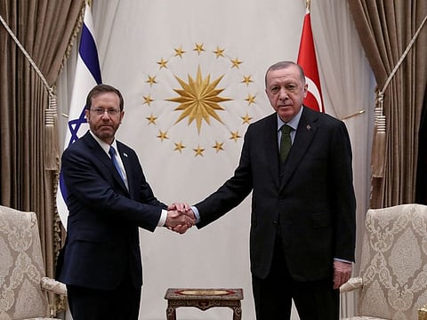 Israel President Isaac Herzog with Turkish President Recep Tayyip Erdogan in Ankara on Wednesday.