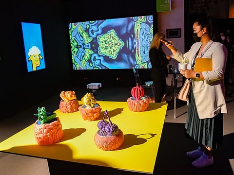 3D-printed rotating platform and other works on display at Art Dubai 2022 Digital Section.