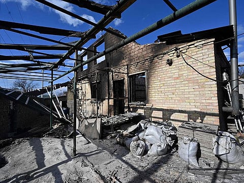 A picture shows the ruin of a deserted home, damaged by Russian shelling, near the frontline village of Horenka, north of Kyiv, on March 10, 2022. 