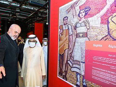 Mohammed bin Rashid meets with Prime Minister of Albania during visit to Albania Pavilion at Expo 2020 Dubai on Thursday.