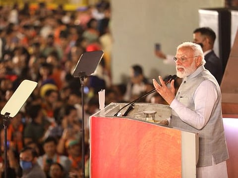 India's Prime Minister Narendra Modi addresses party supporters at the BJP Headquarters during a celebration following the party's win in Assembly elections of Uttar Pradesh and others states, in New Delhi on Thursday. 