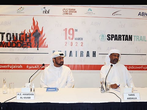 Hamdan Karam Al Kaabi from Fujairah Holding and Tariq Abdullah representing ABH Group at the press conference for the Tough Mudder event coming to Fujairah on March 19.