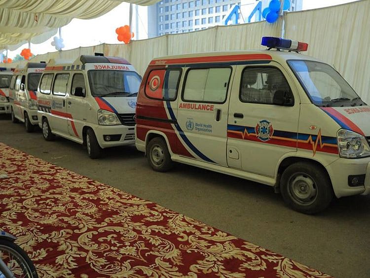 Some of the ambulances donated by WHO to Sindh.