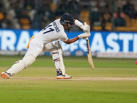 India's Shreyas Iyer bats during the second day of the second cricket Test match between India and Sri Lanka in Bengaluru, India.