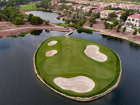 The notorious 17th hole on the Earth Course at Jumeirah Golf Estates in Dubai